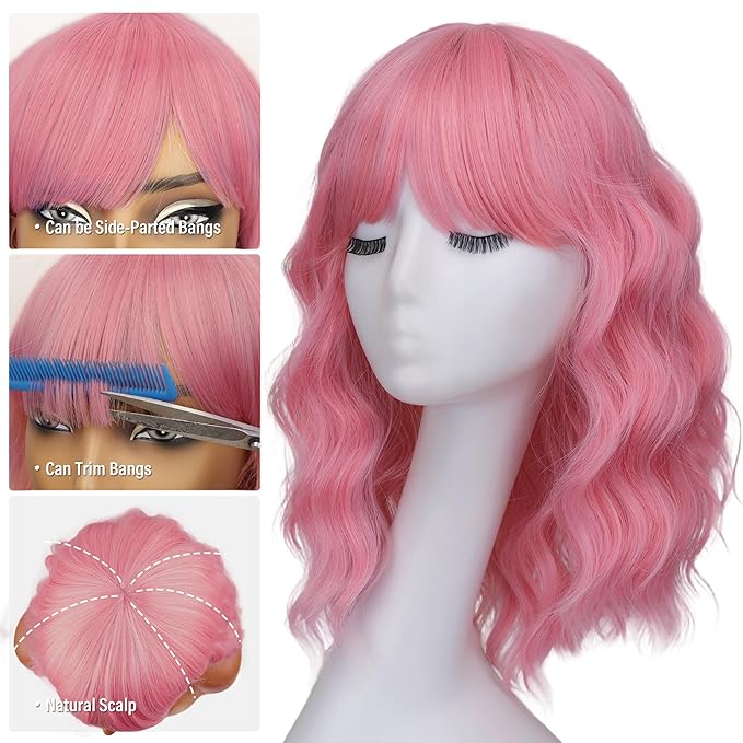 Nnzes Short Wavy Bob Wig with Bangs for Women Shoulder Length Curly Pink Synthetic Heat-Resistant Fiber Hair for Daily & Party Use