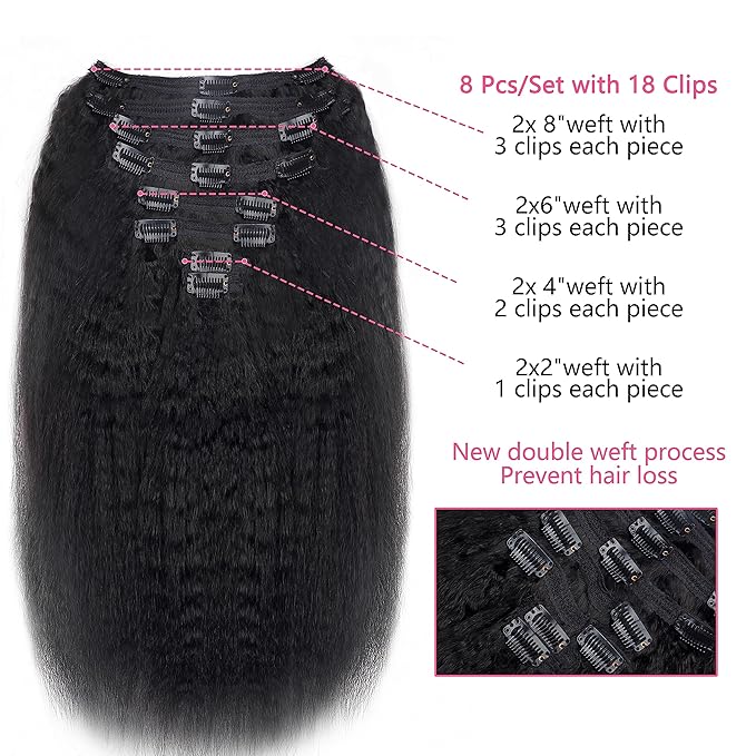 Clip in Hair Extensions Real Human Hair Clip Ins 100% Unprocessed Brazilian Virgin Hair Clip on Hair Extensions Kinky Straight Hair Clip ins 8pcs with 18 Clips 120g(14inch)