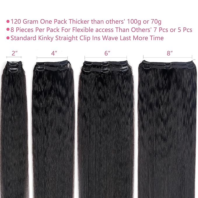 28 Inch Kinky Straight Clip In Hair Extensions Real Human Hair Kinky Straight Clip Ins #1B Natural Color Clip on Hair Extensions 8pcs with 18Clips Per Set 120g