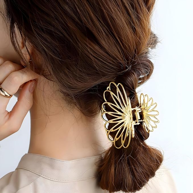 Gold Hair Clips for Women Flower and Double Row Small Claw Clips for Thin/Medium Fine Hair - Nonslip Jaw Clips