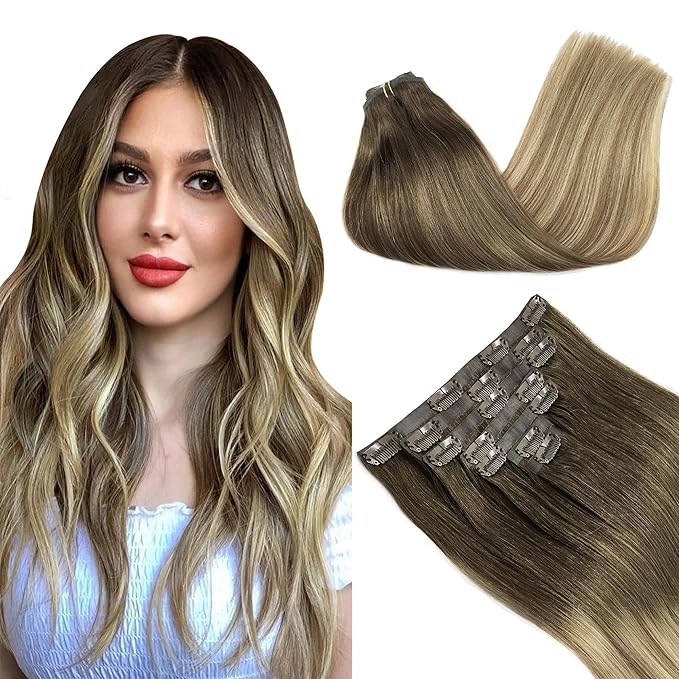 GOO GOO Clip in Hair Extensions Real Human Hair, Remy Human Hair Extensions Clip ins for Women, Natural Human Hair, 18inch 130g 7Pcs, 3/8/613 Balayage Walnut Brown to Ash Brown and Bleach Blonde