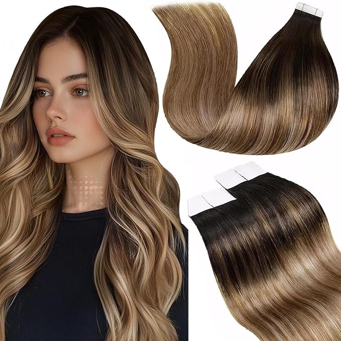 LaaVoo Hair Extensions Tape in Human Hair Ombre Tape in Hair Extensions Balayage Dark Brown to Medium Brown Mix Golden Brown Tape on Extensions Seamless 22inch 50g 20pcs