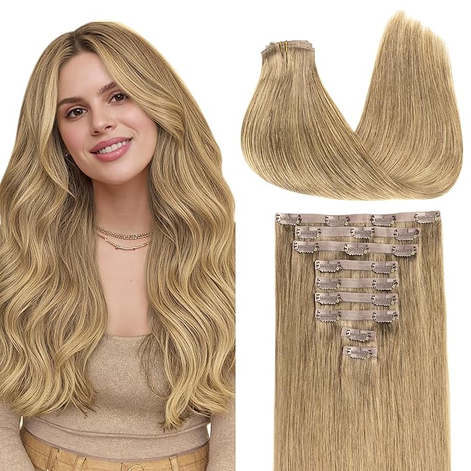 GOO GOO Clip in Hair Extensions Real Human Hair, Remy Human Hair Extensions Clip ins for Women, Natural Human Hair, 14inch 130g 9Pcs, 7 Bronde