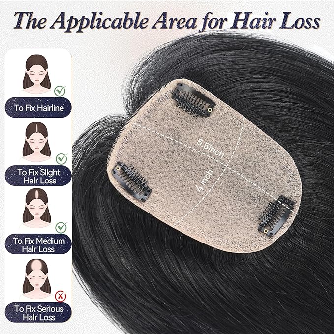 starluck Human Hair Toppers for Women Real Human Hair No Bangs 4 * 5.5 inch Base 12 inch SilkHug Topper for Women with Thinning Hair Cover Grey Roots(Natural Black)