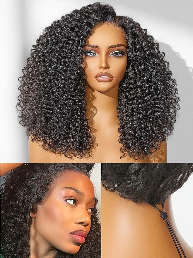 LUVME HAIR 100% Real Human Hair Wig Lace Frontal Deep Curly 20 inches Drawstring Cap Glueless HD Lace Wigs Human Hair Pre Plucked Pre Cut, Curly Wig Human Hair Ready to Go Wig