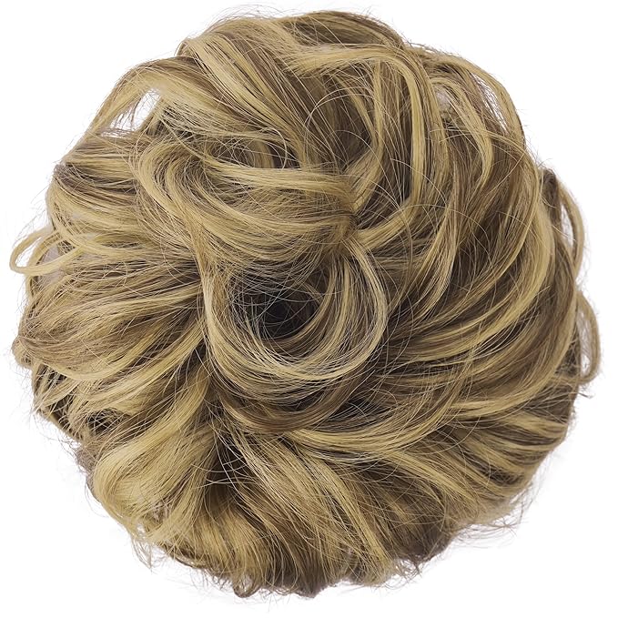 FESHFEN Messy Bun Hair Piece - Large Elastic Wavy Curly Hair Bun Scrunchies Ponytail Extensions Synthetic Chignon Hairpieces for Women, Ash Brown & Blonde 1.94oz