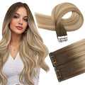 Full Shine Invisible Injected Tape in Hair Extensions Human Hair Color 3 Brown Fading to 8 And 22 Blonde Seamless Tape in Extensions 20Gram Machine Virgin Hair Extensions Tape ins 14Inch 10Pcs