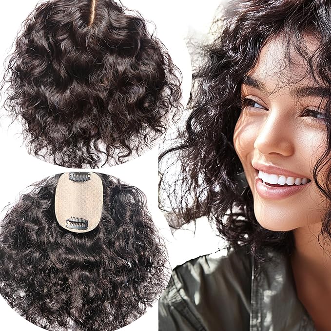 Curly Hair Toppers for Women, Real Human Hair Topper for Thinning Hair, Realistic Scalp Crown Hair Topper with Natural Volume, Clip-In 3D Scalp Cover, Natural Black 1B 10 In