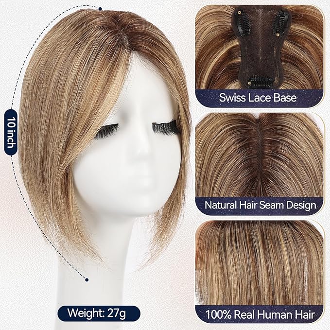 starluck Real Human Hair Toppers for Women 10 Inch Human Hair Topper no Bangs, 3 * 4.5 inches Swiss Base Suitable for ThinningHair Cover Grey Roots(Medium Brown and Honey Blonde Mix)