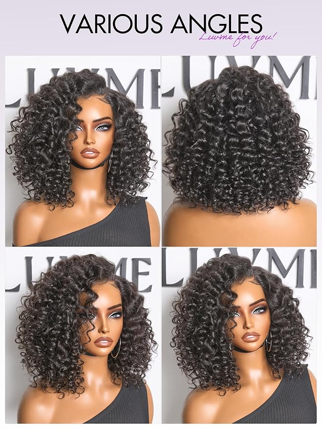LUVME HAIR 100% Human Hair Wigs Curly Deep Wave Glueless Lace Front 12 Inches, Pre Cut Plucked Hd Lace Short Wig Ready To Go Natural Color Straight Bleached Knots Side Part Black Wigs