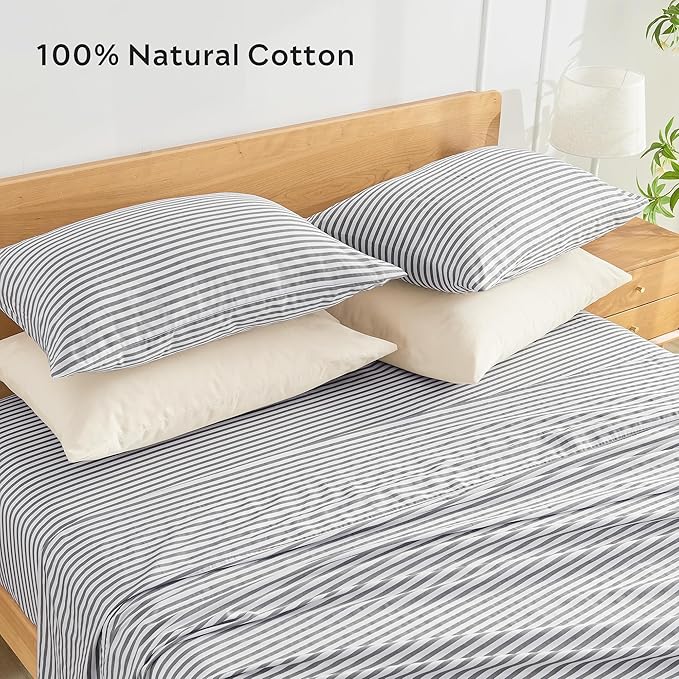 JELLYMONI 100% Natural Cotton Plaid Standard Pillowcases Set, 2 Pack Dark Gray with White Stripes Pattern Printed Pillow Covers with Envelope Closure(Pillows are not Included)