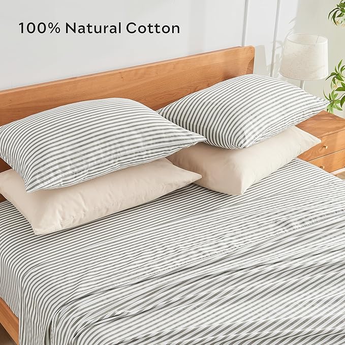 JELLYMONI 100% Natural Cotton Striped Queen Pillowcases Set, 2 Pack White and Grey Stripes Pattern Printed Pillow Covers with Envelope Closure(Pillows are not Included)