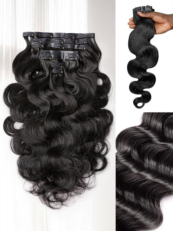 LUVME Clip in Hair Extensions Real Human Hair, Natural Black 135g 9pcs 18 Inch, Human Hair Clip ins Extensions for Women on Thick Body Wavy Extensions