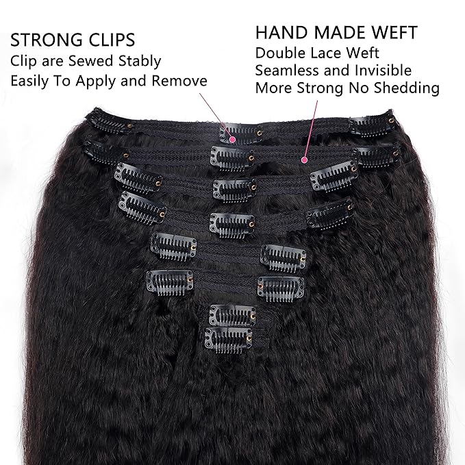 Clip in Hair Extensions Real Human Hair Natural Black Kinky Clip ins Seamless Kinky Straight Clip on Hair Extensions for Women 8pcs with 18 Clips 120g(26inch)