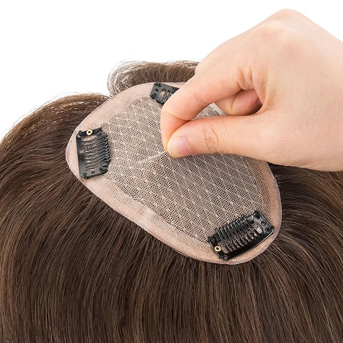 Hairro Human Hair Toppers Free Parted, 3.5x4.7" Base Hand-wovened 100% Real Hairpieces, with Invisible Clips-in for Women, for High Hairline/Adding Volume on Top, 14 Inch Dark Brown