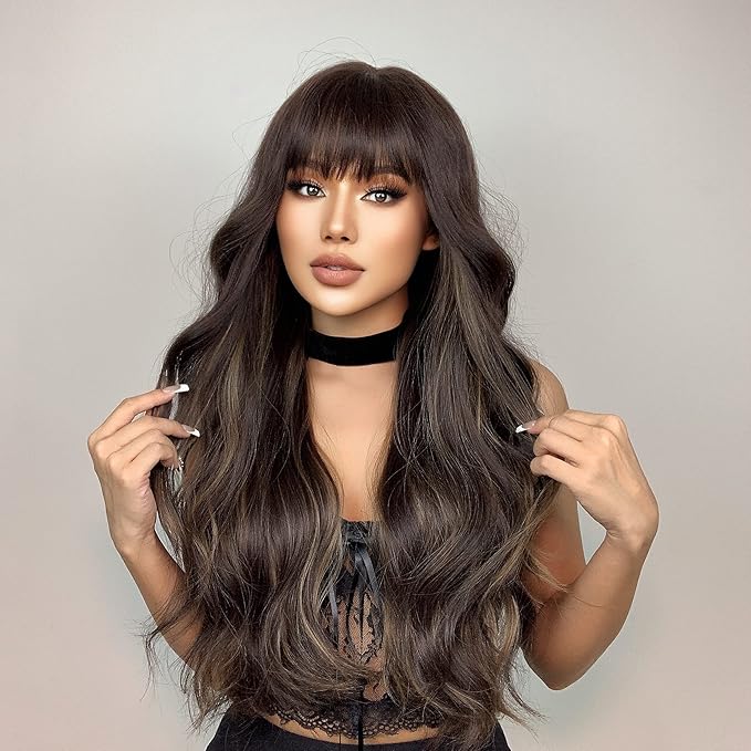 EMMOR Ombre Brown Wigs for Women Long Curly Wigs with Bangs Wave Heat Resistant Synthetic Wigs Soft Natural Looking