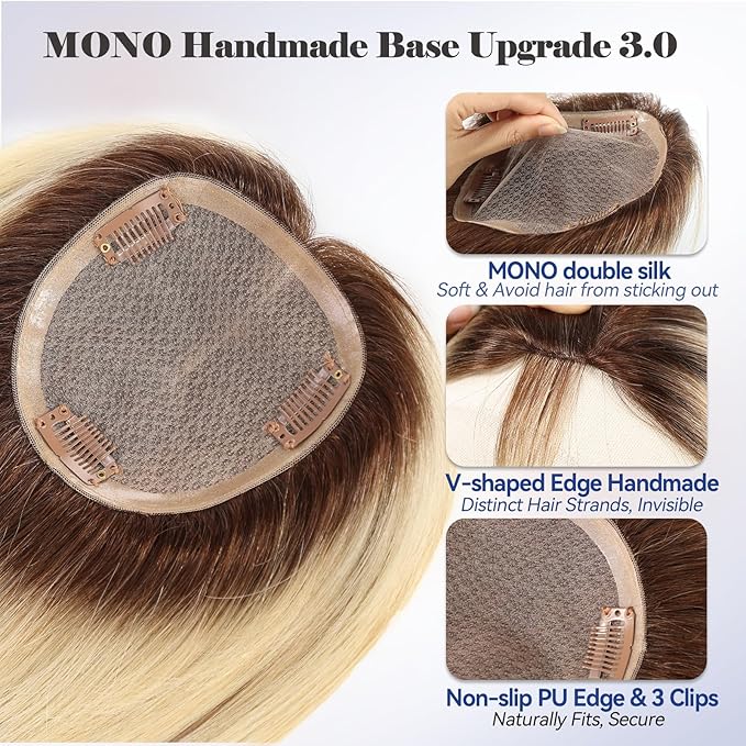 HAIRCUBE Hair Toppers for Women 100% Real Human Hair, Ombre Blonde with Brown Highlight, 6"*5.5"MONO Large Base,65g Hand-moven Real Human HairToppers for Women with ThinningHair