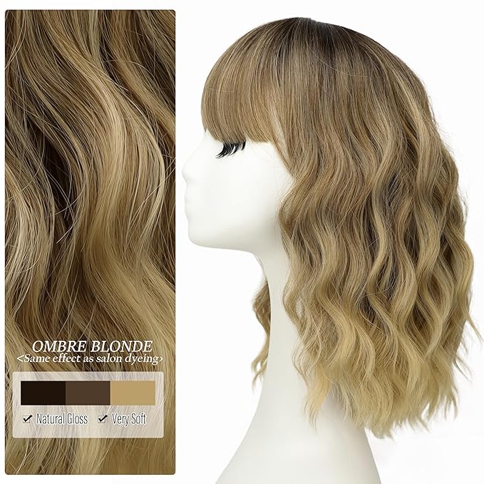 Nnzes Short Wavy Bob Wig with Bangs for Women Shoulder Length Curly Brown Ombre Blonde Synthetic Heat-Resistant Fiber Hair for Daily & Party Use