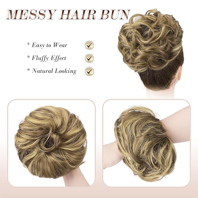 FESHFEN Messy Bun Hair Piece - Large Elastic Wavy Curly Hair Bun Scrunchies Ponytail Extensions Synthetic Chignon Hairpieces for Women, Ash Brown & Blonde 1.94oz