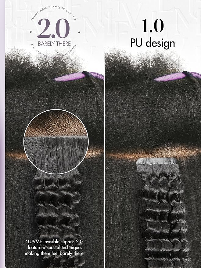 LUVME Invisible Clip ins Hair Extensions Deep Kinky Curly Real Human Hair Remy Hair Clip ins for Women, Natural Human Hair, 14 inch 110g 6Pcs, Natural Black