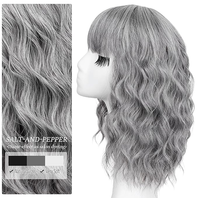 Nnzes Short Wavy Bob Wig with Bangs for Women Shoulder Length Curly Salt-and-Pepper Synthetic Heat-Resistant Fiber Hair for Daily & Party Use