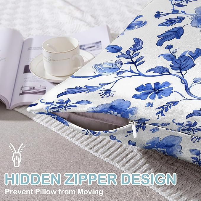 Satin Pillowcase 1 Pack-Vintage Blue Floral Silky Pillow Cover for Hair and Skin,Standard Size 20x26 Inch Soft Cooling Printed Pillow Cases with Hidden Zipper,Gifts for Women Men