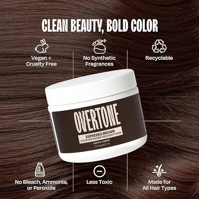 Overtone Semi Permanent Hair Color Conditioner, Espresso Brown, 8 oz, Nourishing, Damage-Free, Color Depositing Mask for All Hair Types with Shea Butter & Coconut Oil, Vegan & Cruelty-Free