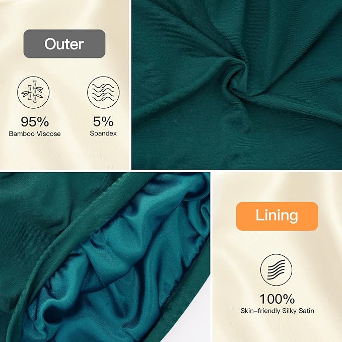 Silk Satin Lined Bonnet Sleep Cap - Adjustable Stay on All Night Hair Wrap Cover Slouchy Beanie for Curly Hair Protection for Women and Men - Solid Forrest Green