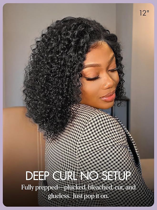 LUVME HAIR 5X5 Deep Curly 12 Inches 100% Human Hair Wigs Curly Deep Wave Glueless Lace Front 12 Inches, Pre Cut Plucked Hd Lace Short Wig Ready To Go Natural Color Straight Bleached Knots Black Wigs