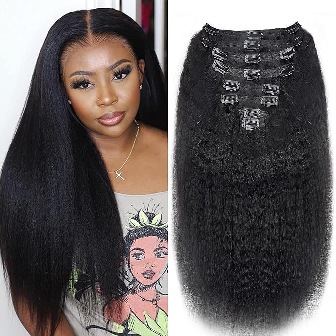 Kinky Straight Clip in Hair Extensions Real Human Hair Natural Black Clip ins for Women 24 Inch 120g 8pcs Seamless Kinky Straight Clip on Extensions Human Hair