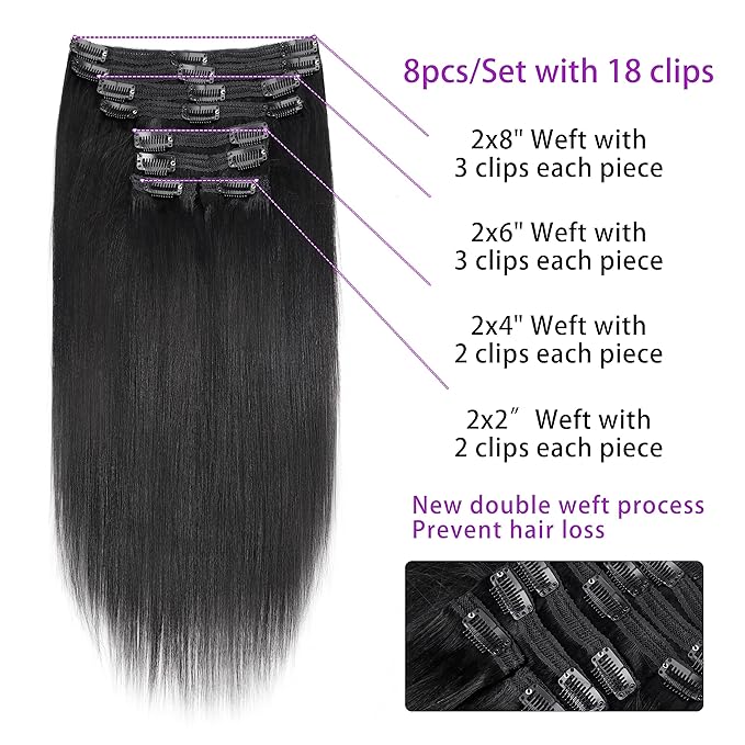 12 Inch Yaki-Straight Clip ins Real Human Hair Affordable Yaki Straight Clip in Human Hair Extensions Brazilian Virgin Hair clip on Hair 18Clips Per Set 120G