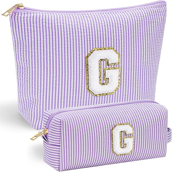 YOOLIFE Personalized Cute Purple Initial Cosmetic Makeup Pouch - Make Up Toiletry Bag for Her Mom Teacher Friend Girlfriend Wife Birthday Gifts