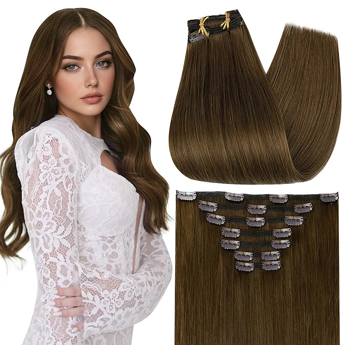 Full Shine Real Human Hair Extensions Clip ins Light Brown Short Hair Extensions 12 Inch Hair Clip Extensions for Women Light Brown 7 Pcs 95 G