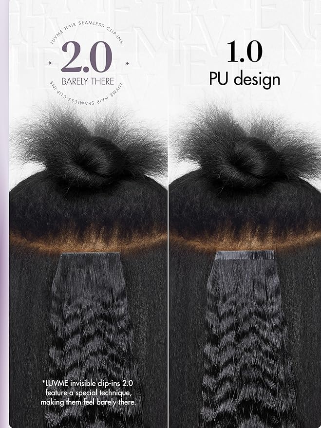 LUVME Invisible Clip in Hair Extensions, Kinky Straight Real Human Hair Remy Hair Clip ins for Women, Natural Human Hair, 22 inch 110g 7Pcs, Natural Black