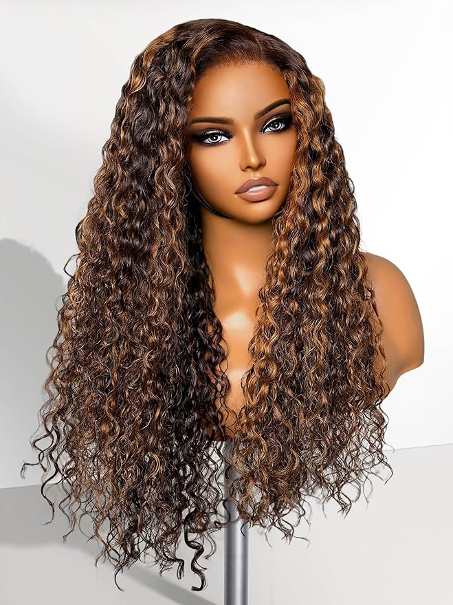 LUVME HAIR 20 Inch Highlight Brown Curly Lace Front Wig Human Hair Pre Cut Lace Glueless 5X5 Closure Wig Pre Plucked For Women 180 Density