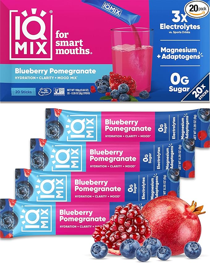 IQMIX Hydration Electrolyte Powder – 4-in-1 Formula for Hydration, Mental Clarity, Mood and Recovery – Sugar-Free Drink Mix, Keto, Magnesium L-Threonate, Lion’s Mane – 20 Count Blueberry Pomegranate