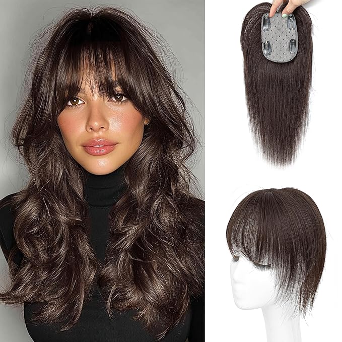 Human Hair Toppers for Women - 150% Density Clip In Hair Topper with Bangs U Shape 10 Inch Toppers Hairpieces for Women Perfect for Thinning Hairr Ideal for Daily Use Dark Brown