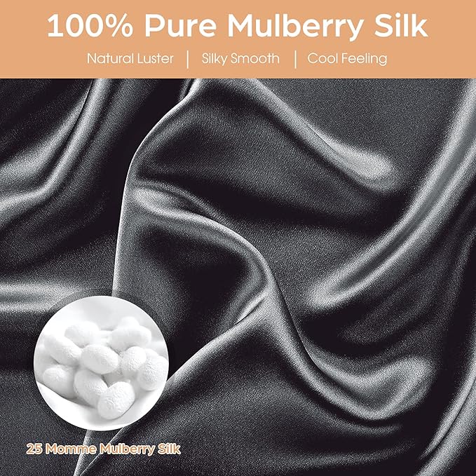 Silk Pillowcase for Hair and Skin, 2 Pack 100% Mulberry Silk Pillowcase 25 Momme, 600 Thread Count, Both Side Pure Silk Pillow Cover with Hidden Zipper (BlackGray, Standard 20''×26'')