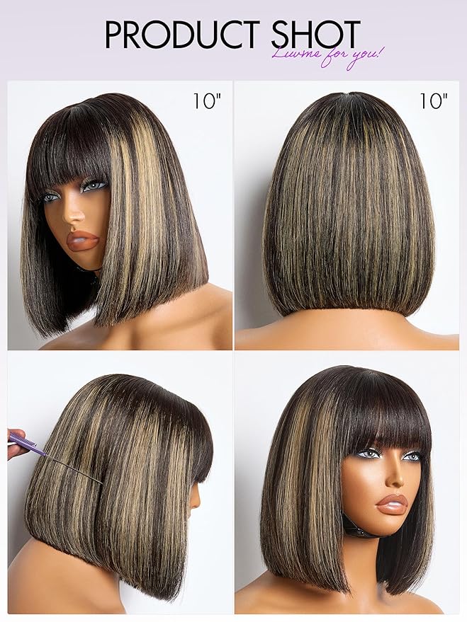 LUVME HAIR 10 Inch Blonde Highlight Bob Human Hair Wig with Bangs Glueless HD Lace Bang Wig True Scalp Ready to Go Silky Straight Highlight Human Hair Short Wig with Bangs (Breathable Cap)