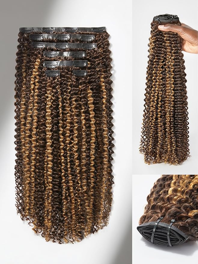 LUVME Kinky Curly Seamless Clip in Hair Extensions, 20 Inch 135g 7pcs #2/27 Hair Extensions Clip in Human Hair Invisible PU Skin Weft Natural Remy Human Hair