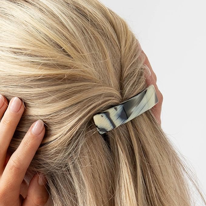 Black & White Hair Barrette for Thin Hair, Classic Rectangle French Barrette for Women, Lightweight and Comfortable, Strong Hold, Black Horn | France Luxe