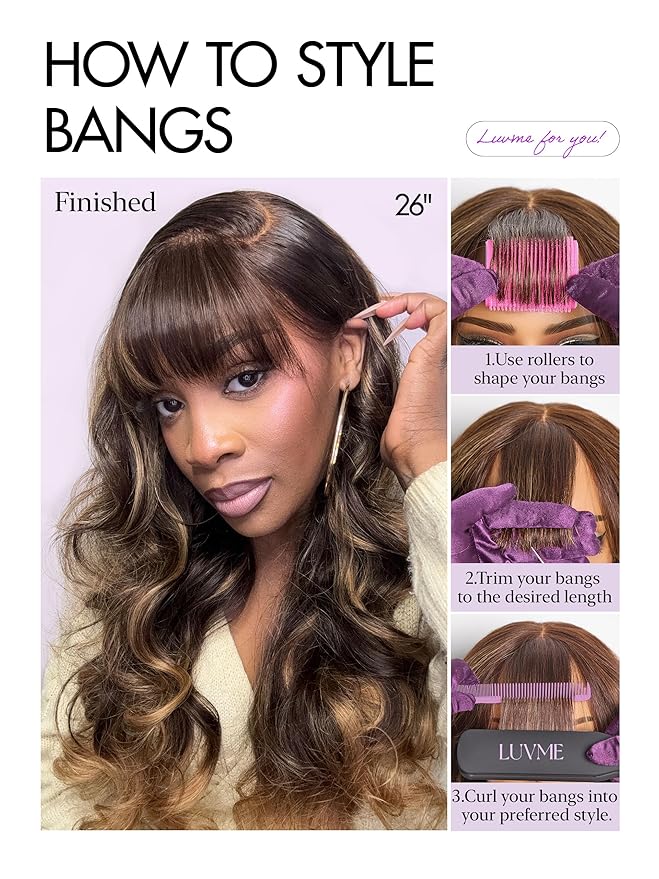 LUVME HAIR 7x6 HD Lace All-Day Comfort Wig with Bangs 200% Density Hair Lace Wigs Ombre Blonde Highlight Loose Body Wave Lace Front Wigs Human Hair Pre Cut Plucked Glueless 16 Inches