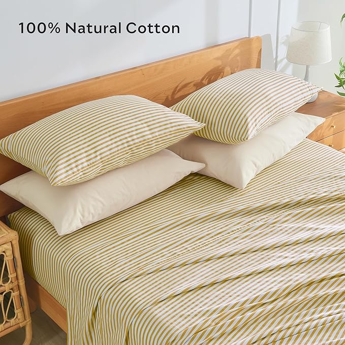 JELLYMONI 100% Natural Cotton Striped Standard Pillowcases Set, 4 Pack White and Yellow Stripes Pillow Covers with Envelope Closure(Pillows are not Included)