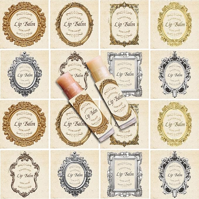 CRASPIRE 80Pcs 8 Styles Lip Balm Sticker Retro Photo Frame Self-Adhesive Homemade Lip Balm Labels Vintage Square DIY Label Stickers for Lip Balm Containers Cosmetics Lipsticks