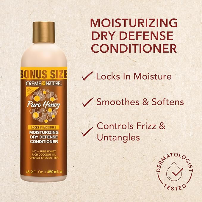 Creme of Nature Pure Honey Moisturizing Dry Defense Conditioner, Hydrating Formula with Coconut Oil & Shea Butter, Detangles & Softens Dry Hair, Sulfate-Free, 15.2 oz