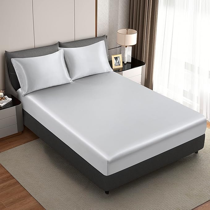 King Size Satin Pillowcase Set of 2 with Envelope Closure,Light Gray Silk Pillowcase for Hair and Skin (20x36)