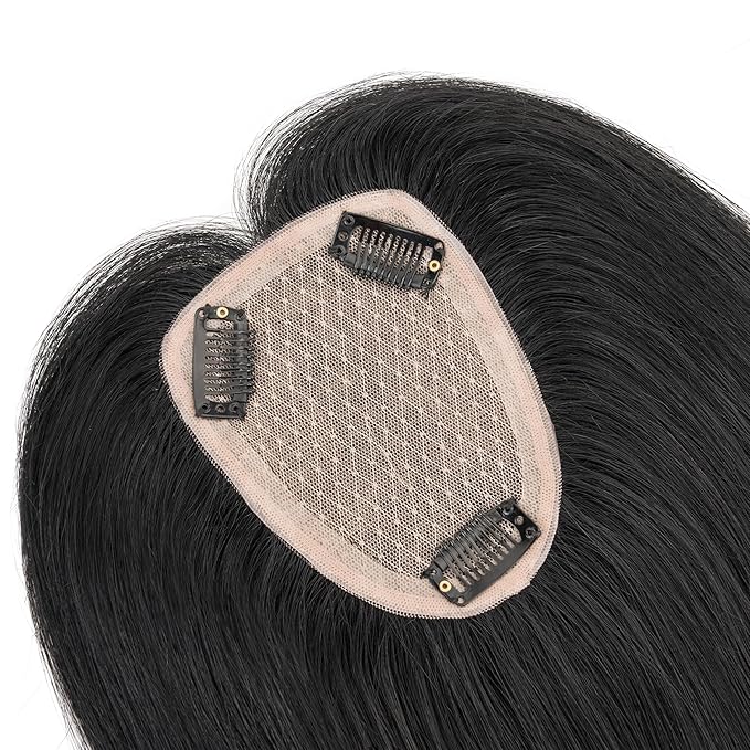 Hairro Human Hair Toppers Free Parted, 3.5x4.7" Base Hand-wovened 100% Real Hairpieces, with Invisible Clips-in for Women, for High Hairline/Adding Volume on Top, 12 Inch Jet Black