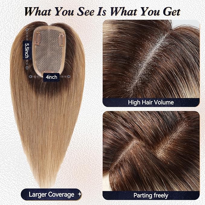 starluck Hair Toppers for Women Real HumanHair,5.5"*4"MONO Large Base,100% Real Human Hair-Toppers for Women with Thinning,46g Hand-moven Topper,Gray Roots,High Volume,Ombre Ash Blonde
