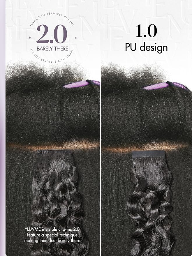 LUVME Invisible Clip in Hair Extensions Messy Curly Real Human Hair, Remy Hair Clip ins for Women, Natural Human Hair, 20 inch 110g 6pcs, Natural Black