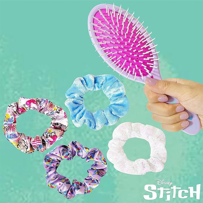LUV HER Lilo & Stitch Hair Accessory 5 Pcs Set - 1 Regular 9 inch Stitch Hairbrush & 4 Scrunchies - Detangling Brush - Elastic Hair Ties Ropes for Girls, Ages 3+